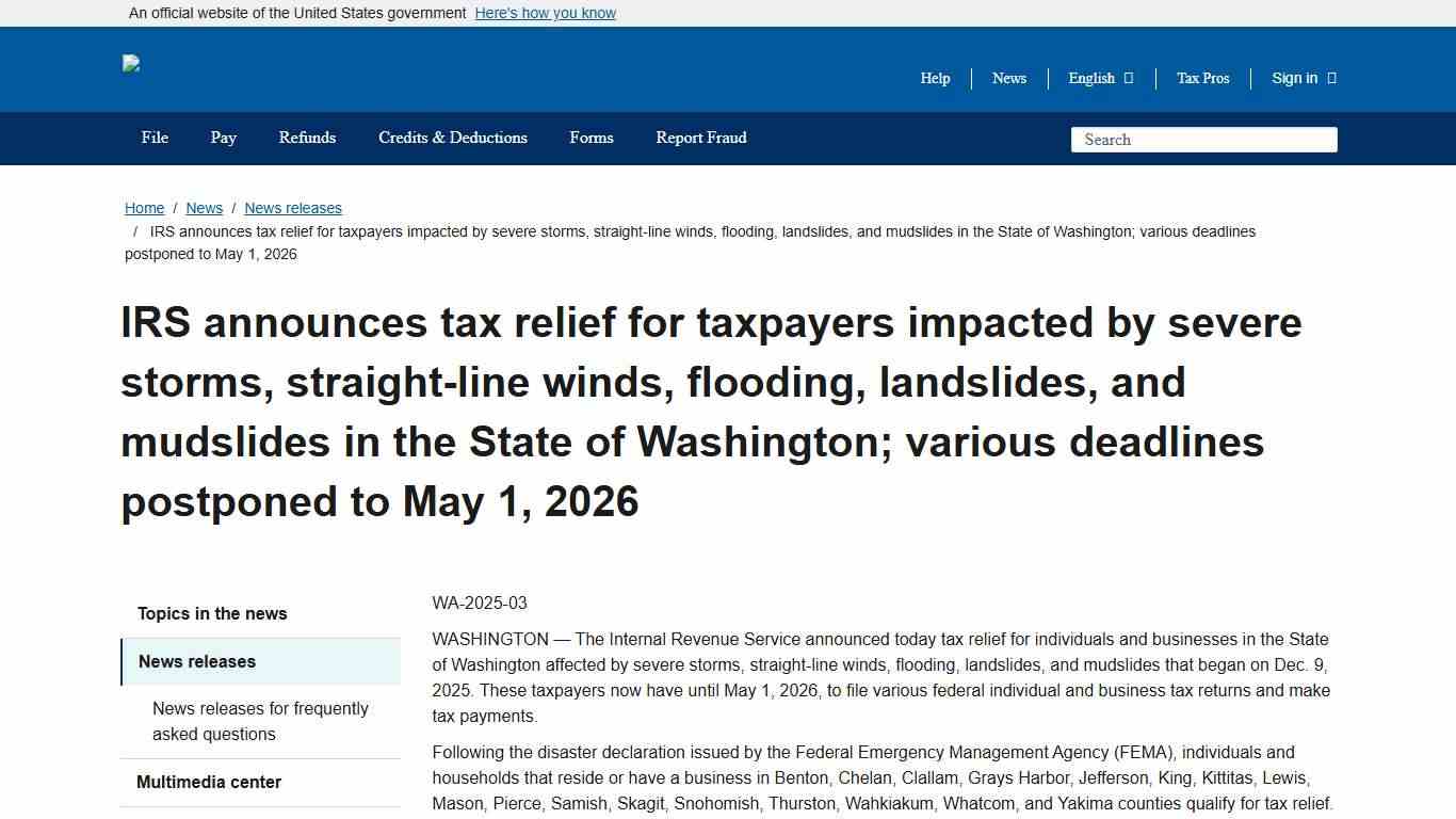 IRS announces tax relief for taxpayers impacted by severe storms, straight-line winds, flooding, landslides, and mudslides in the State of Washington; various deadlines postponed to May 1, 2026 Internal Revenue Service